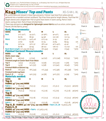 CLEARANCE • KWIK SEW SEWING PATTERN MISSES' PYJAMAS K243