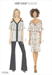 VOGUE PATTERN MISSES' COLD-SHOULDER, FLOUNCE TOP AND DRESS, AND BOOTCUT PANTS 9238