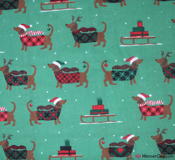 Polycotton Fabric - Christmas Dachshund & Sleigh - Green