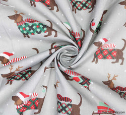 Polycotton Fabric - Christmas Dachshund & Sleigh - Silver