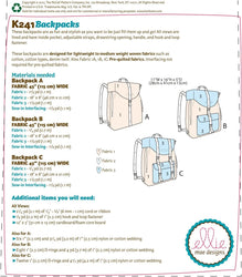 CLEARANCE • KWIK SEW SEWING PATTERN Backpacks K241