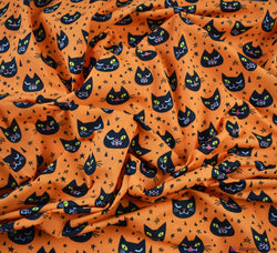 Polycotton Fabric - Creepy Cat Face Orange
