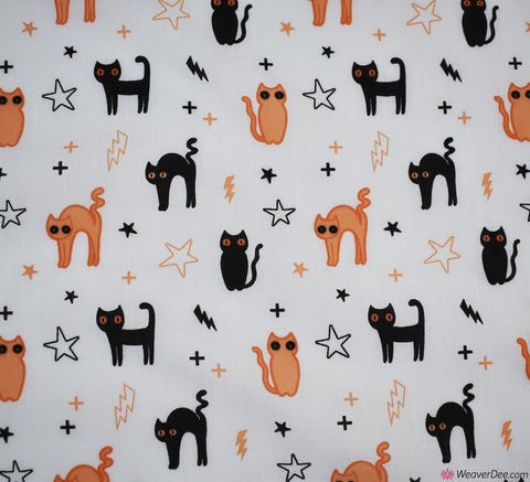Polycotton Fabric - Halloween Cats White