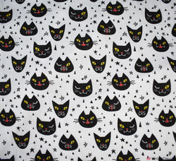 Polycotton Fabric - Creepy Cat Face White