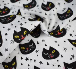 Polycotton Fabric - Creepy Cat Face White