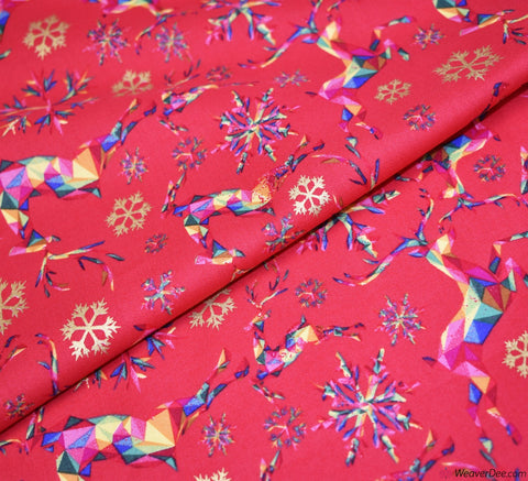 Christmas Metallic Cotton Fabric - Rainbow Reindeers Red