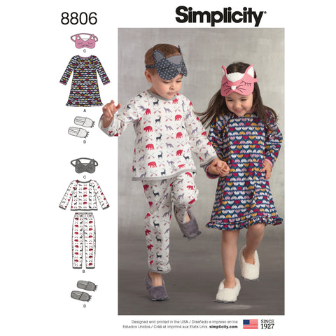 Simplicity Pattern S8806 Children's Dress, Top, Pants, Eye Mask & Slippers