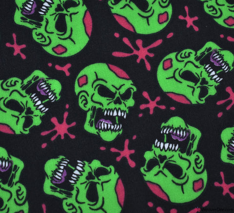 Polycotton Fabric - Scary Skulls Green