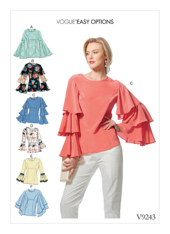 Vogue Pattern V9243 Misses' Princess Seam Tops With Flared Sleeve Variations