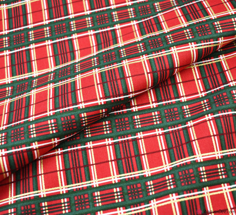 Metallic Cotton Fabric - Christmas Tartan - Red