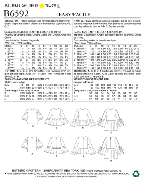 CLEARANCE • BUTTERICK PATTERN MISSES' TOPS 6592 – WeaverDee.com
