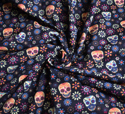Polycotton Fabric - Floral Skulls Black