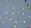 Double Gauze Cotton Fabric - Gold Metallic Hearts - Light Blue