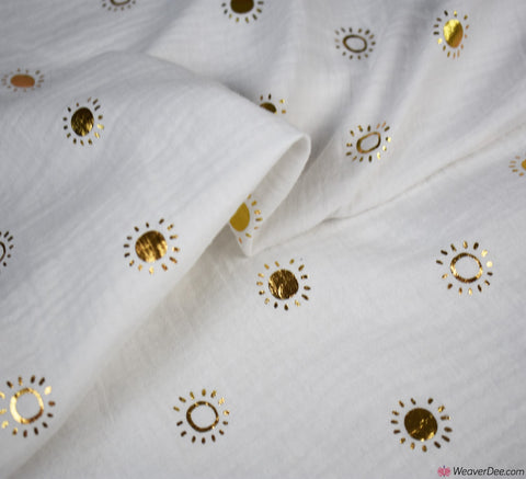 Double Gauze Cotton Fabric - Gold Metallic Sunshine - White