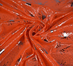 Halloween Foil Fabric - Orange / Silver Spider Web