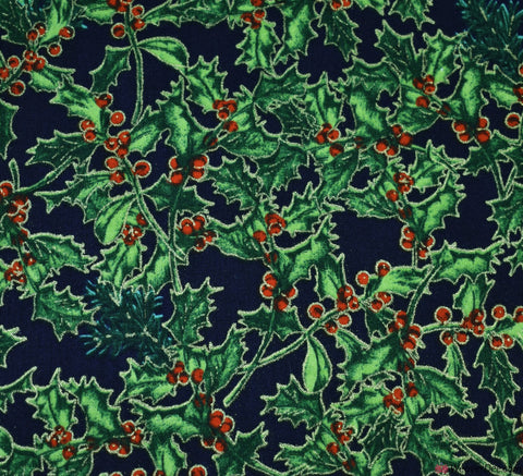 Cotton Fabric - Christmas Holly - Navy