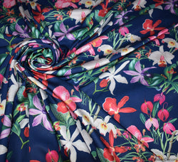 Crêpe Back Satin Fabric - Navy Blue Lilies