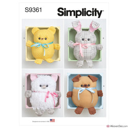 Simplicity Pattern S9361 Plush Bear, Bunny, Kitten & Pup