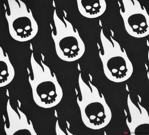 Polycotton Fabric - Skull Flames Black