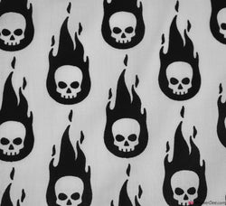 Polycotton Fabric - Skull Flames White