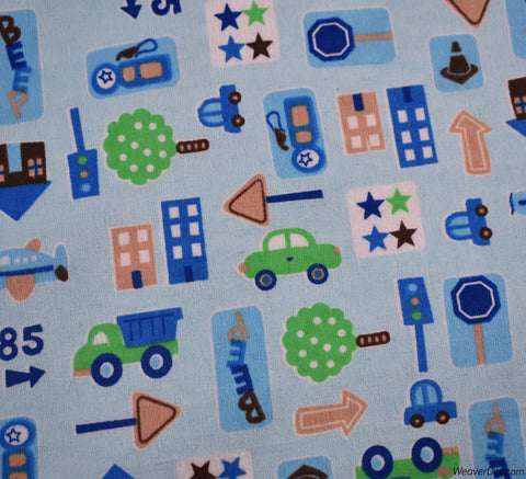 Cotton Winceyette Fabric - Vehicles Traffic Blue