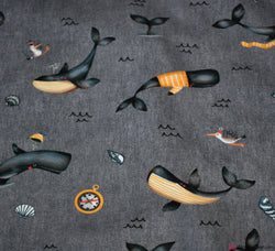 John Louden Cotton Jersey Fabric - Whales - Grey