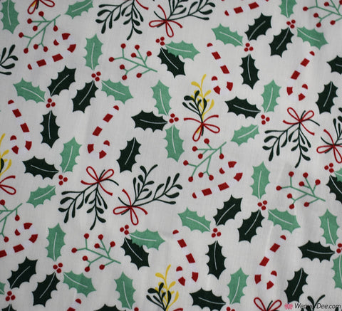 Cotton Fabric - Christmas Holly & Canes Cream