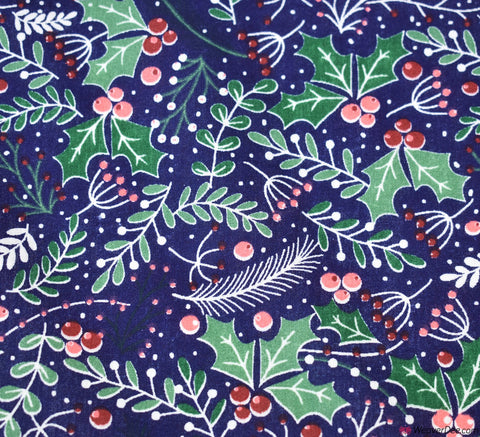 Polycotton Fabric - Very Berry Christmas Holly - Navy Blue