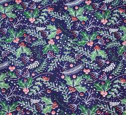 Polycotton Fabric - Very Berry Christmas Holly - Navy Blue