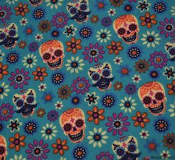 Polycotton Fabric - Floral Skulls Jade
