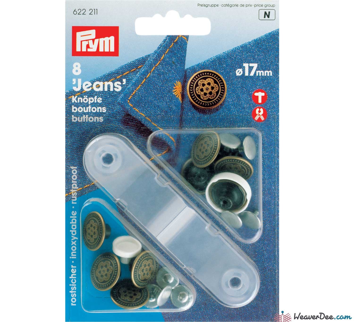 Prym Button Range Prym 622211 Jeans Buttons Antique Brass 17mm (No-Sew): Pack of 8 ...