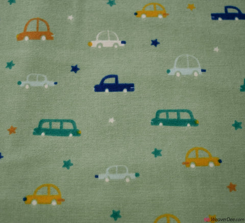 LIMITED STOCK John Louden Cotton Winceyette Fabric - Green Car & Star